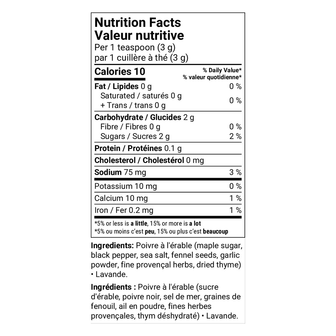Valeur nutritive – Poivre érable et lavande